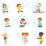 Children playing with colorful soap bubbles, holiday show of soap bubbles at a children party. Cartoon detailed colorful Illustrations isolated on white background