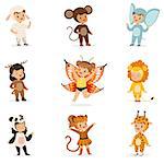 Kinds In Animal Costume Disguise Happy And Ready For Halloween Masquerade Party Collection Of Cute Disguised Infants. Smiling Children Dressed As Wildlife And Insects Vector Cartoon Illustrations.