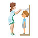 Pediatrician Measuring Heights Of Little Boy, Part Of Kids Taking Health Exam Series Of Illustrations. Child On Appointment With A Doctor Going Through Medical Checkup.