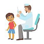 Pediatrician Doing A Vaccination To Little Boy, Part Of Kids Taking Health Exam Series Of Illustrations. Child On Appointment With A Doctor Going Through Medical Checkup.