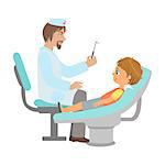 Dentist Checking Teeth Of Little Boy, Part Of Kids Taking Health Exam Series Of Illustrations. Child On Appointment With A Doctor Going Through Medical Checkup.