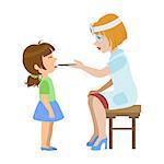 Therapist Checking Throat Of A Little Girl, Part Of Kids Taking Health Exam Series Of Illustrations. Child On Appointment With A Doctor Going Through Medical Checkup.