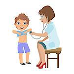 Therapist Checking Boys Lungs With Stethoscope, Part Of Kids Taking Health Exam Series Of Illustrations. Child On Appointment With A Doctor Going Through Medical Checkup.