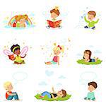 Happy and lovely children play and dream. Cartoon detailed colorful Illustrations isolated on white background