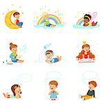Happy kids dreaming and fantasizing. Cartoon detailed colorful Illustrations isolated on white background