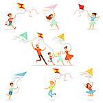 Kids and their parents running with kite happy and smiling. Cartoon detailed colorful Illustrations isolated on white background