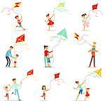 Happy kids running with kite. Parents help children run a kite, a fun family vacation. Cartoon detailed colorful Illustrations isolated on white background