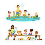 Group of preschool kids and teacher. Teacher reading for kids in the kindergarten. Cartoon detailed colorful Illustrations isolated on white background