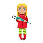 Girl In Red Coat With Umbrella, Kid In Autumn Clothes In Fall Season Enjoyingn Rain And Rainy Weather, Splashes And Puddles. Cute Cheerful Child In Warm Clothing Having Fun Outdoors Vector Illustration.