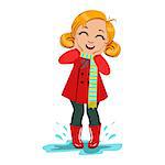 Girl In Red Coat And Rubber Boots, Kid In Autumn Clothes In Fall Season Enjoyingn Rain And Rainy Weather, Splashes And Puddles. Cute Cheerful Child In Warm Clothing Having Fun Outdoors Vector Illustration.