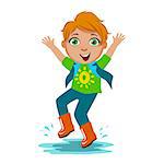 Boy In T-Shirt And Rubber Boots, Kid In Autumn Clothes In Fall Season Enjoyingn Rain And Rainy Weather, Splashes And Puddles. Cute Cheerful Child In Warm Clothing Having Fun Outdoors Vector Illustration