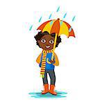 Boy With Open Umbrella Standing Under Raindrops, Kid In Autumn Clothes In Fall Season Enjoyingn Rain And Rainy Weather, Splashes And Puddles. Cute Cheerful Child In Warm Clothing Having Fun Outdoors Vector Illustration.