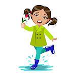 Girl With The Flower, Kid In Autumn Clothes In Fall Season Enjoyingn Rain And Rainy Weather, Splashes And Puddles. Cute Cheerful Child In Warm Clothing Having Fun Outdoors Vector Illustration.