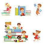 Kids Reading Books And Enjoying Literature Set Of Cute Boys And Girls Loving To Read Sitting And Laying Surrounded With Piles Of Books.Clever Children Readers, Storybooks And Textbooks Cartoon Scenes.