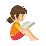 Girl Sitting On The Floor Reading A Book, Part Of Kids Loving To Read Vector Illustrations Series. Bookworm Young Child Who Loves Storybooks And Literature Cartoon Character.