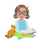 Girl In Glasses With Teddy Bear Reading A Book, Part Of Kids Loving To Read Vector Illustrations Series. Bookworm Young Child Who Loves Storybooks And Literature Cartoon Character.