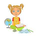 Girl Reading A Geography Book, Part Of Kids Loving To Read Vector Illustrations Series. Bookworm Young Child Who Loves Storybooks And Literature Cartoon Character.