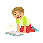 Boy Laughing Reading A Book, Part Of Kids Loving To Read Vector Illustrations Series. Bookworm Young Child Who Loves Storybooks And Literature Cartoon Character.