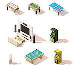 Vector isometric low poly games set. Includes table-top games, arcade video games and billiards