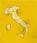 Vintage italy map with regions inscription sardinia, sicily, lazio, tuscany, liguria, marche, abruzzo, calabria, puglia, veneto trentino lombardy marche drawing on yellow paper