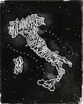 Vintage italy map with regions inscription sardinia, sicily, lazio, tuscany, liguria, marche, abruzzo, calabria, puglia, veneto, trentino lombardy marche drawing with chalk on chalkboard background