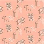 Safari animals kid seamless pattern vector. Giraffe, lion, monkey and hippo line style on pink background.