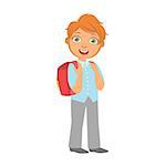 Happy little schoolboy carrying red backpack, education and back to school concept, a colorful character isolated on a white background