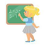 Cute little schoolgirl standing near the blackboard and writing mathematical examples, education and back to school concept, a colorful character isolated on a white background