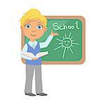 Schoolboy standing near the blackboard and writing, back to school concept, a colorful character isolated on a white background