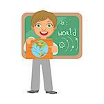 Smiling schoolboy with globe at the black chalkboard in classroom, education and back to school concept, a colorful character isolated on a white background