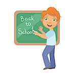 Elementary school student writing text Back to School on the blackboard, education and back to school concept, a colorful character isolated on a white background