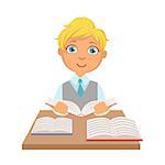 Elementary school student sitting at the desk and reading a book, education and back to school concept, a colorful character isolated on a white background