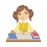 Cute little girl writing at school, education and back to school concept, a colorful character isolated on a white background