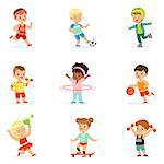 Small Kids Playing Sportive Games And Enjoying Different Sports Exercises Outdoors And In Gym Set Of Cartoon Illustrations. Cute Children And Active Lifestyle Series Of Adorable Characters.