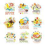 Happy Summer Vacation Sunny Colorful Graphic Design Template Logo Set, Hand Drawn Vector Stencils. Artistic Promo Posters With Funky Font And Fun Design Elements.
