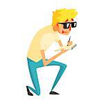 Guy Journalist In Shades Writing Down, Official Press Reporter Working, Collecting Information And Making News, Part Of Journalism Set Of Illustrations. Cartoon Character Doing Journalistic Job For Magazine Or Television.