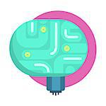 Elecrtonic Brain For Android, Human Organ Replica, Part Of Futuristic Robotic And IT Science Series Of Cartoon Icons. Computer Technology Future Progress Illustration In Simple Bright Style With AI Bionic Objects.
