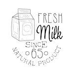 Natural Fresh Milk Product Promo Sign In Sketch Style With Carton Box, Design Label Black And White Template. Monochrome Hand Drawn Promotional Farm Product Poster Print Vector Illustration.