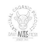 Fresh Milk Product Promo Sign In Sketch Style With Cows Head , Design Label Black And White Template. Monochrome Hand Drawn Promotional Farm Product Poster Print Vector Illustration.