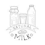 Natural Fresh Milk Product Promo Sign In Sketch Style With Bottles And Cookies , Design Label Black And White Template. Monochrome Hand Drawn Promotional Farm Product Poster Print Vector Illustration.