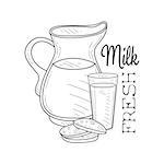 Fresh Milk Product Promo Sign In Sketch Style With Jug, Glass And Biscuits , Design Label Black And White Template. Monochrome Hand Drawn Promotional Farm Product Poster Print Vector Illustration.