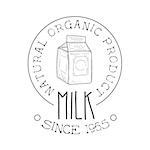 Natural Organic Product Fresh Milk Product Promo Sign In Sketch Style With Carton Package, Design Label Black And White Template. Monochrome Hand Drawn Promotional Farm Product Poster Print Vector Illustration.