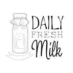Daily Fresh Milk Product Promo Sign In Sketch Style With Bottle, Design Label Black And White Template. Monochrome Hand Drawn Promotional Farm Product Poster Print Vector Illustration.