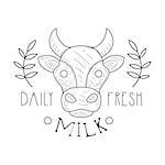 Fresh Milk Product Promo Sign In Sketch Style With Cow And Plant Branches, Design Label Black And White Template. Monochrome Hand Drawn Promotional Farm Product Poster Print Vector Illustration.