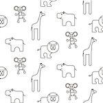 African wild animals kid seamless pattern vector. Giraffe, lion, monkey and hippo line style on white background.