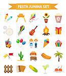 Festa Junina set  icons, flat style. Brazilian Latin American festival,  celebration of traditional symbols. Collection of design elements, isolated on white background. Vector illustration, clip-art