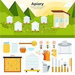 Apiary vector flat illustrations. Apiary in the garden. Organic food concept. Natural honey in banks, bees, honeycombs, bee hives, sunflower isolated on white background