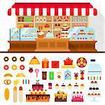 Bakery vector flat illustrations. Shop with different confectionery. Many candies, cakes, pies, buscuits and other sweet things isolated on white background