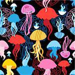 Seamless marine bright pattern with multi-colored jellyfish