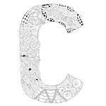 Hand-painted art design. Adult anti-stress coloring page. Black and white hand drawn illustration letter C  for coloring book